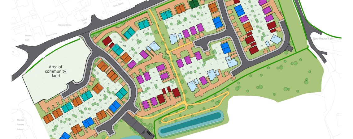A site plan showing the layout of the new site in Marden with the different house types and green spaces